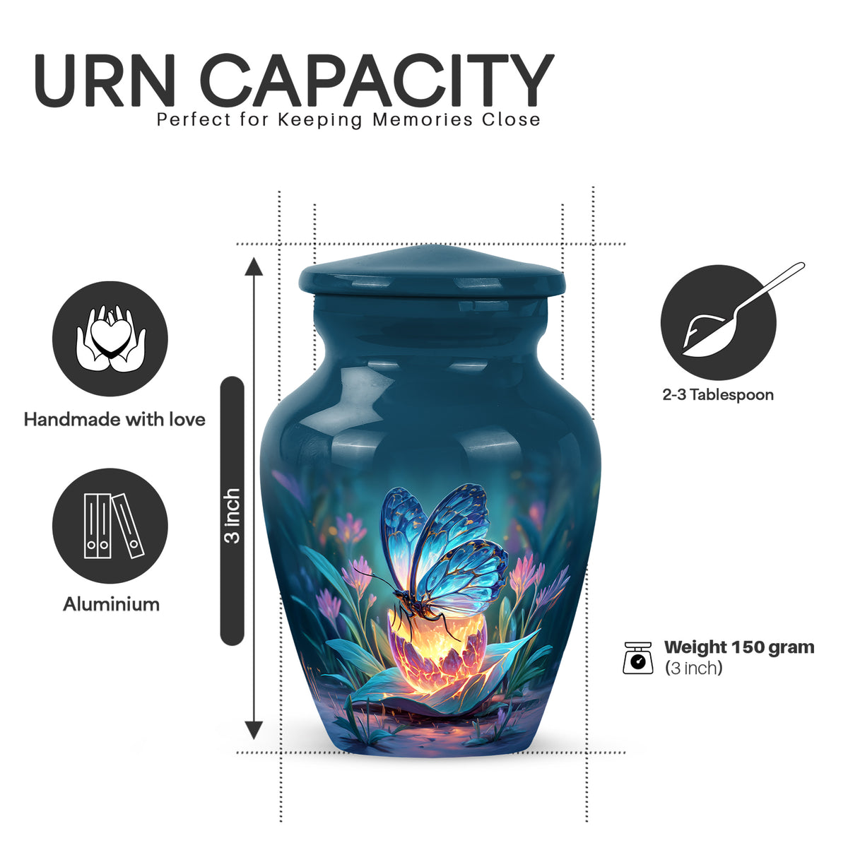 Azure Butterfly Cremation Urn close-up of engraving and surface detail - timeless butterfly motif etched into premium metal - mini keepsake memorial for portion of cremation ashes