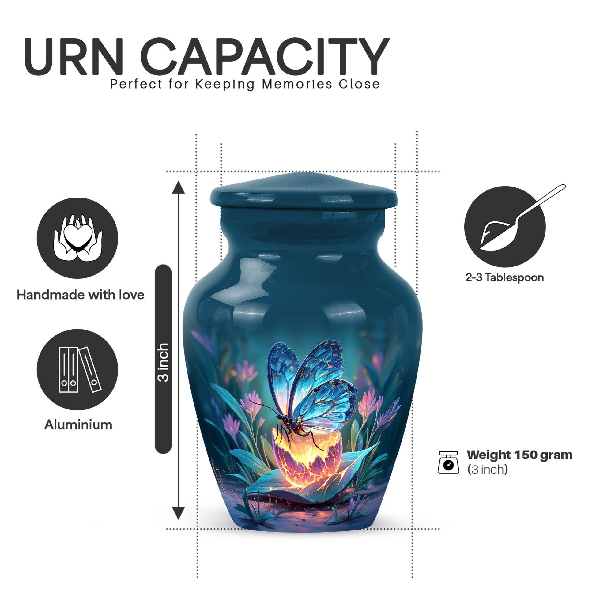 Azure Butterfly Cremation Urn close-up of engraving and surface detail - timeless butterfly motif etched into premium metal - mini keepsake memorial for portion of cremation ashes