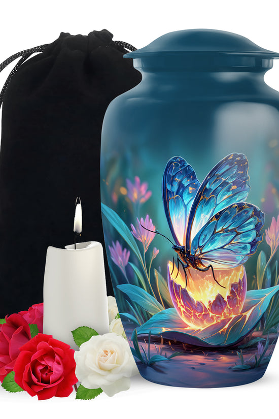 Soft Blue Butterfly Cremation Urn angled view of lid and engraved motif - traditional butterfly engraving with hand-polished finish - full-size 10 inch 200 cubic inch adult cremation urn