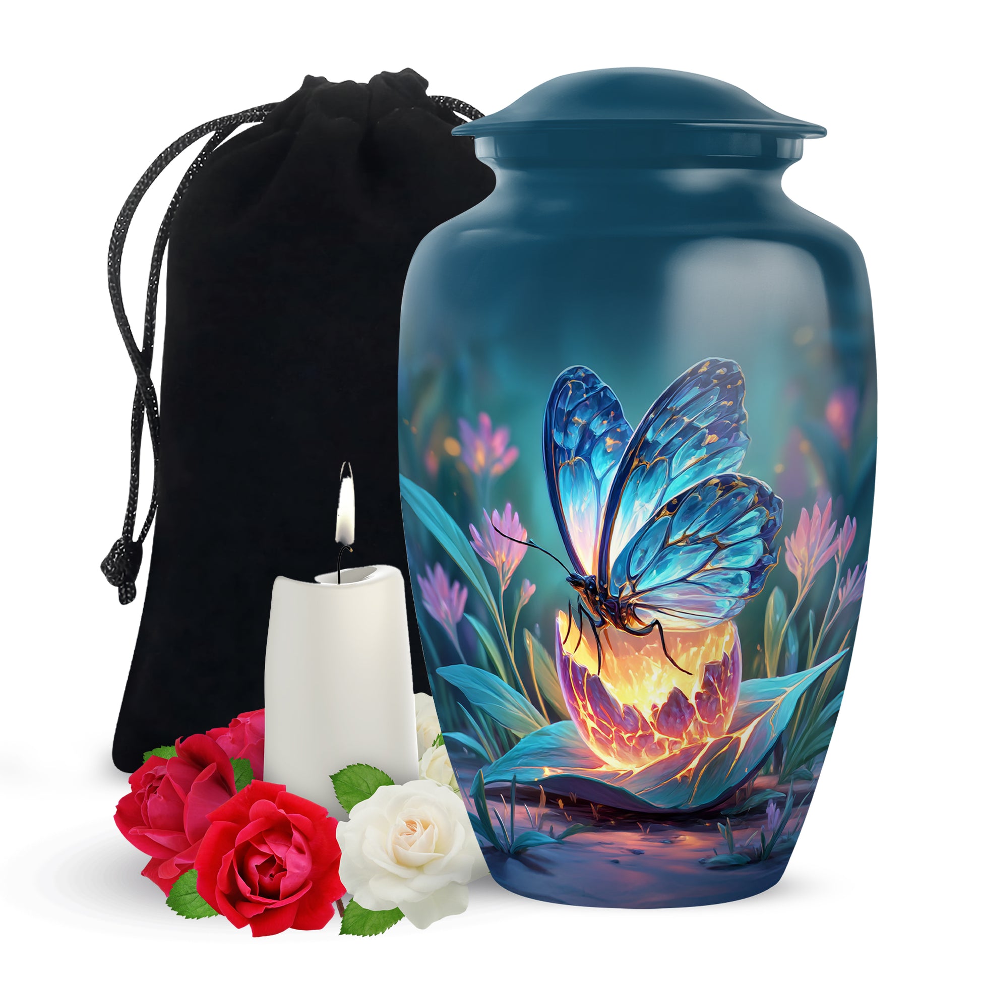 Soft Blue Butterfly Cremation Urn angled view of lid and engraved motif - traditional butterfly engraving with hand-polished finish - full-size 10 inch 200 cubic inch adult cremation urn