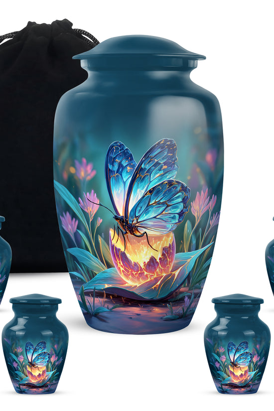 Serene Blue Butterfly Cremation Urn top-down view of secure threaded lid - traditional butterfly engraving with hand-polished finish - memorial set with one large and four small urns