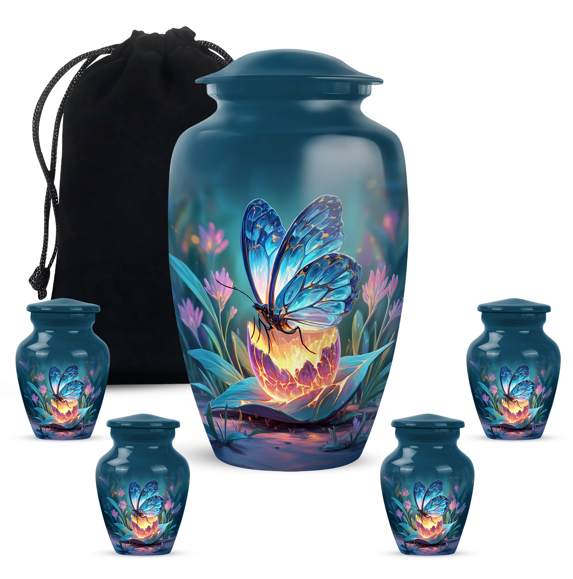 Serene Blue Butterfly Cremation Urn top-down view of secure threaded lid - traditional butterfly engraving with hand-polished finish - memorial set with one large and four small urns