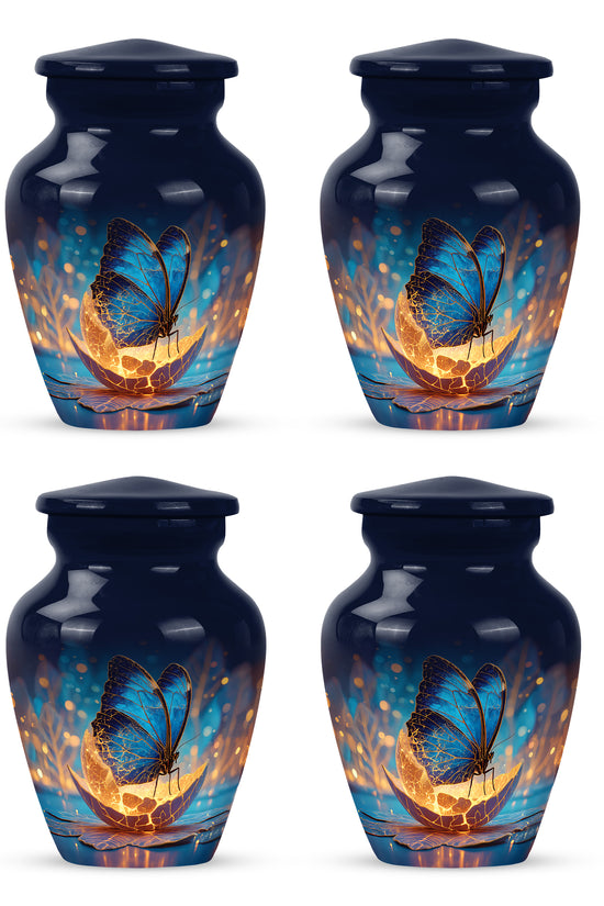 Navy Blue Butterfly Cremation Urn side profile showing urn shape - classic sculpted butterfly pattern on smooth aluminum - 10 inch aluminum urn for cremated remains