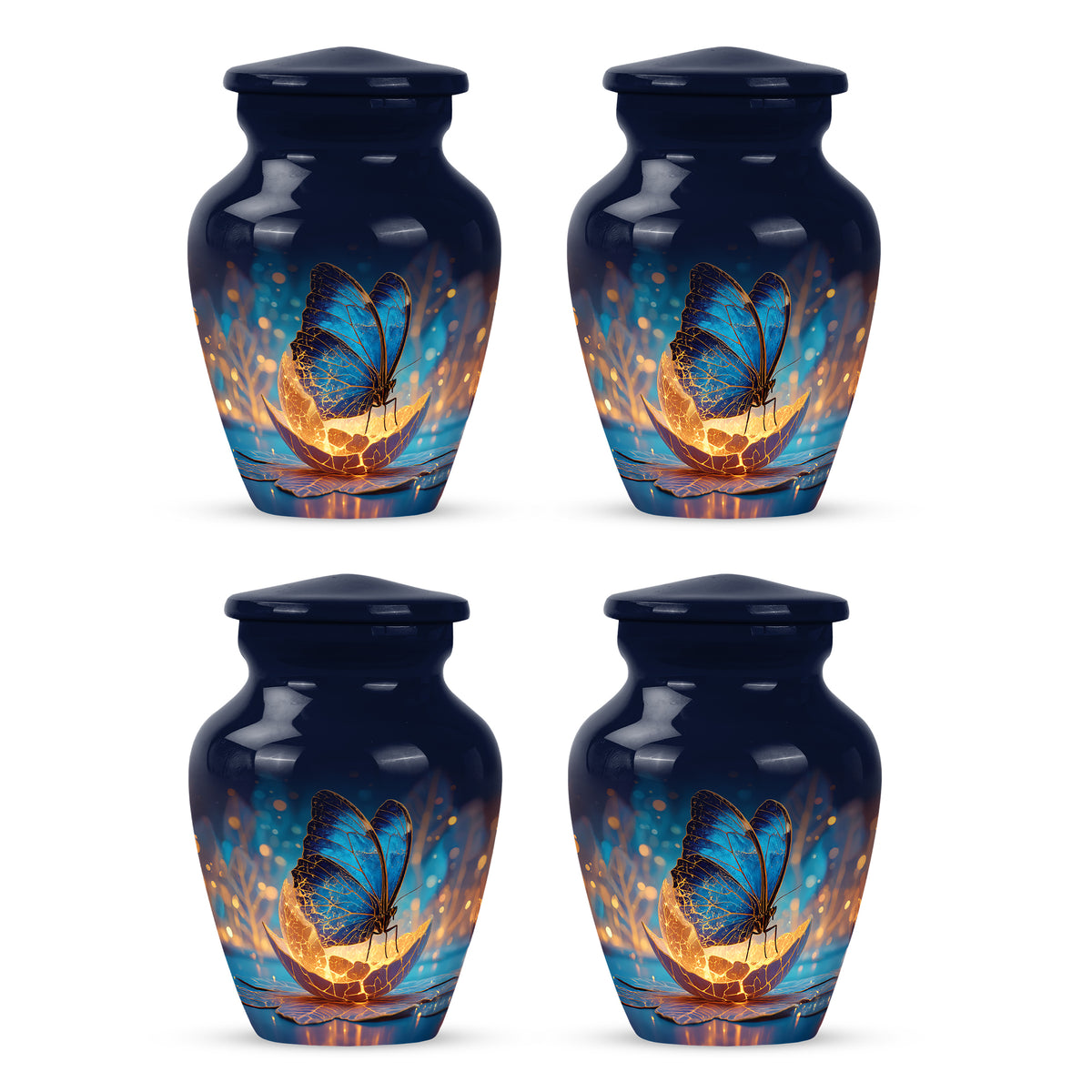 Navy Blue Butterfly Cremation Urn side profile showing urn shape - classic sculpted butterfly pattern on smooth aluminum - 10 inch aluminum urn for cremated remains