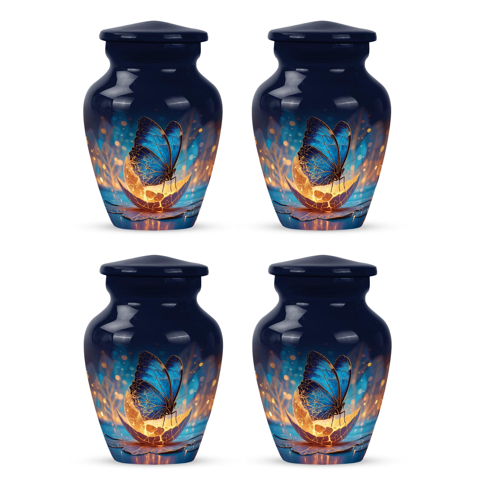 Navy Blue Butterfly Cremation Urn side profile showing urn shape - classic sculpted butterfly pattern on smooth aluminum - 10 inch aluminum urn for cremated remains