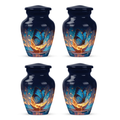 Navy Blue Butterfly Cremation Urn side profile showing urn shape - classic sculpted butterfly pattern on smooth aluminum - 10 inch aluminum urn for cremated remains