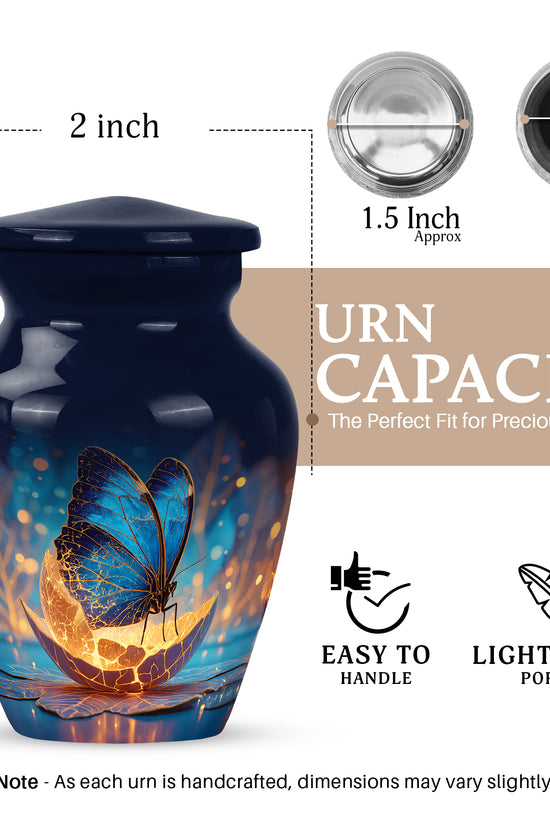 Indigo Butterfly Cremation Urn close-up of engraving and surface detail - classic sculpted butterfly pattern on smooth aluminum - mini keepsake memorial for portion of cremation ashes