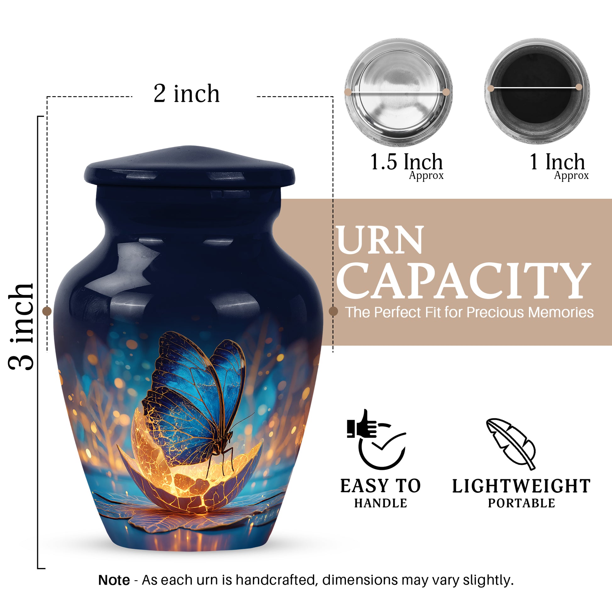 Indigo Butterfly Cremation Urn close-up of engraving and surface detail - classic sculpted butterfly pattern on smooth aluminum - mini keepsake memorial for portion of cremation ashes