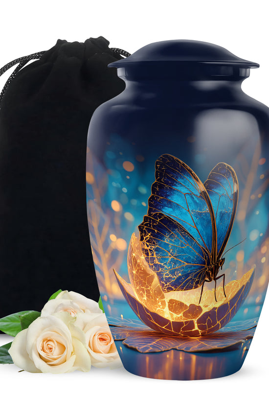 Royal Blue Butterfly Cremation Urn angled view of lid and engraved motif - elegant classic butterfly relief with fine detailing - full-size 10 inch 200 cubic inch adult cremation urn
