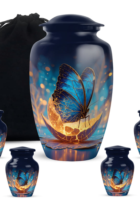 Calming Blue Butterfly Cremation Urn top-down view of secure threaded lid - traditional butterfly engraving with hand-polished finish - memorial set with one large and four small urns