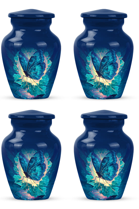 Soft Blue Butterfly Cremation Urn side profile showing urn shape - elegant classic butterfly relief with fine detailing - 10 inch aluminum urn for cremated remains