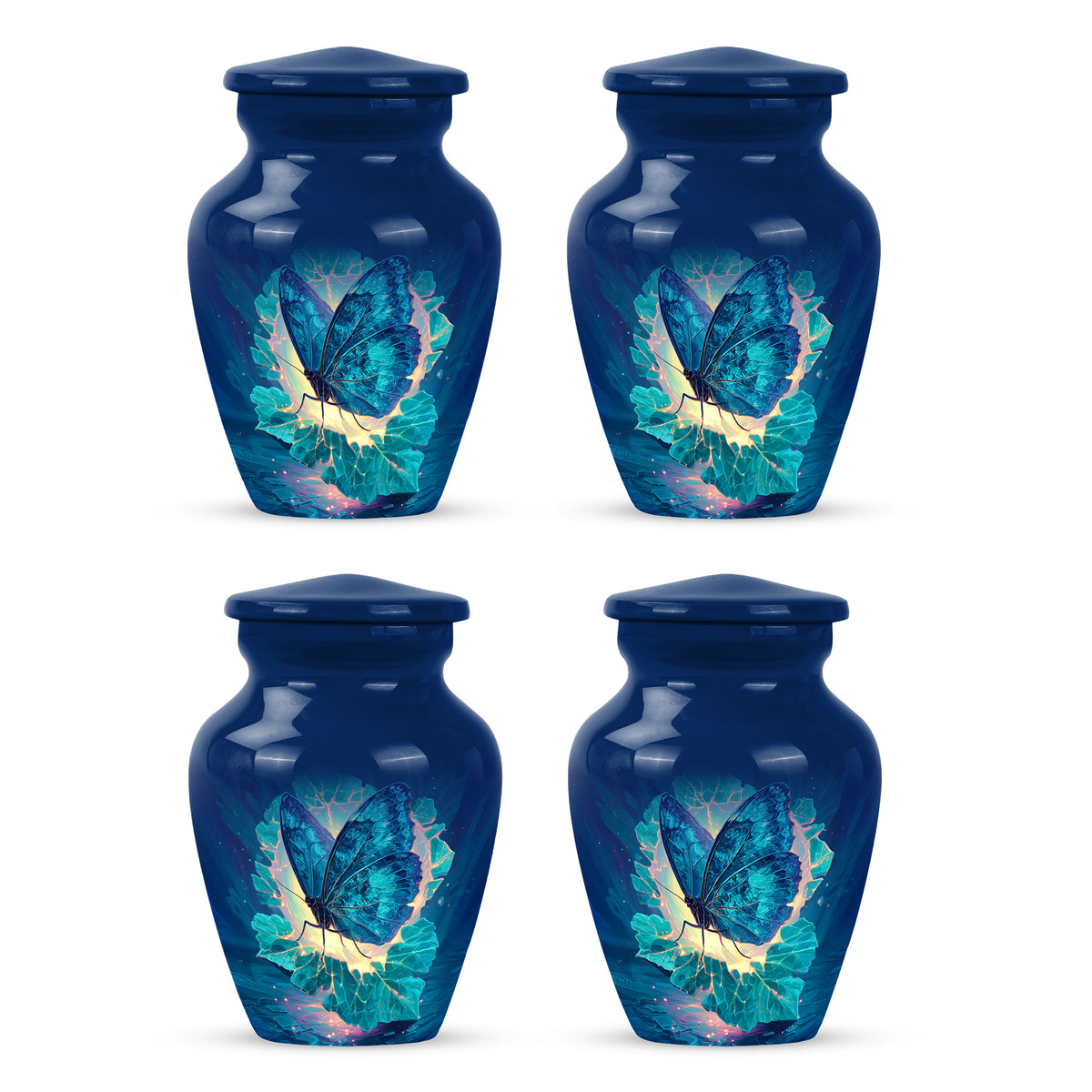 Soft Blue Butterfly Cremation Urn side profile showing urn shape - elegant classic butterfly relief with fine detailing - 10 inch aluminum urn for cremated remains