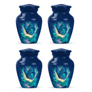 Soft Blue Butterfly Cremation Urn side profile showing urn shape - elegant classic butterfly relief with fine detailing - 10 inch aluminum urn for cremated remains