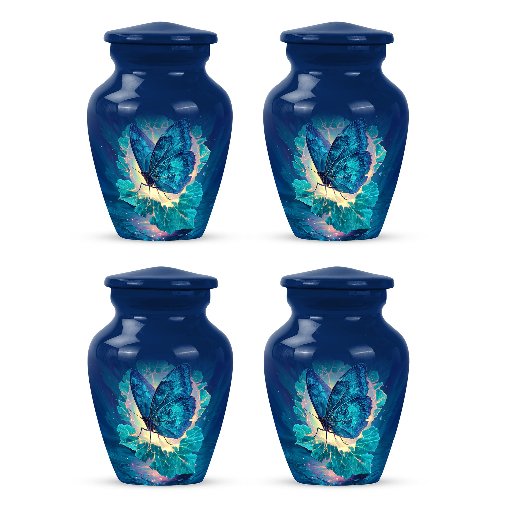 Soft Blue Butterfly Cremation Urn side profile showing urn shape - elegant classic butterfly relief with fine detailing - 10 inch aluminum urn for cremated remains