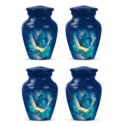 Soft Blue Butterfly Cremation Urn side profile showing urn shape - elegant classic butterfly relief with fine detailing - 10 inch aluminum urn for cremated remains