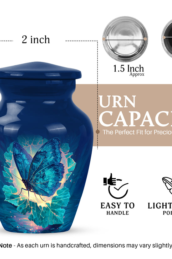 Misty Blue Butterfly Cremation Urn close-up of engraving and surface detail - timeless butterfly motif etched into premium metal - mini keepsake memorial for portion of cremation ashes