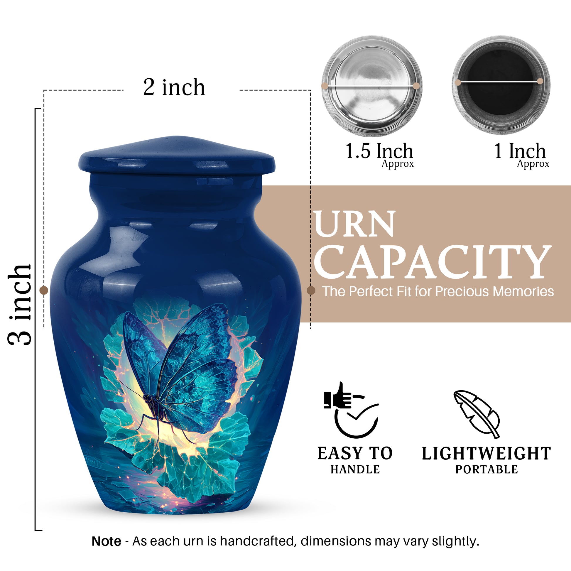 Misty Blue Butterfly Cremation Urn close-up of engraving and surface detail - timeless butterfly motif etched into premium metal - mini keepsake memorial for portion of cremation ashes