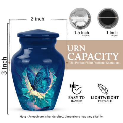 Misty Blue Butterfly Cremation Urn close-up of engraving and surface detail - timeless butterfly motif etched into premium metal - mini keepsake memorial for portion of cremation ashes