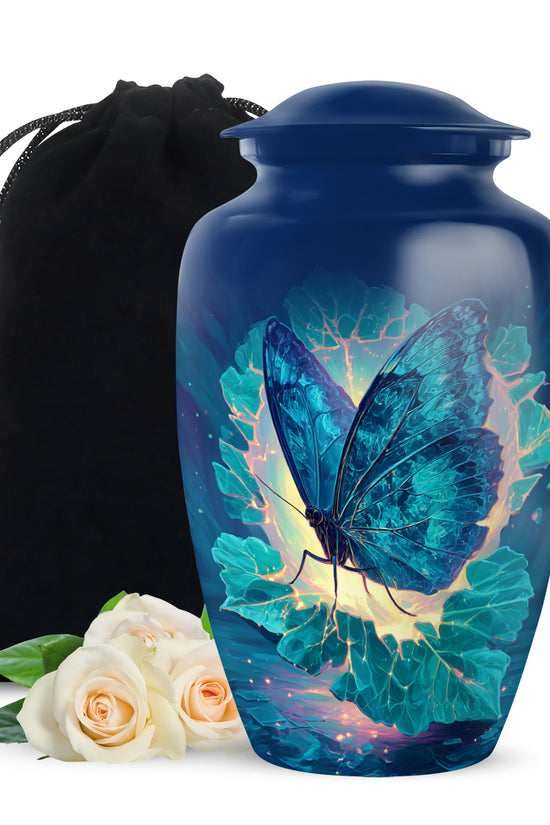 Powder Blue Butterfly Cremation Urn angled view of lid and engraved motif - timeless butterfly motif etched into premium metal - full-size 10 inch 200 cubic inch adult cremation urn
