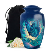 Powder Blue Butterfly Cremation Urn angled view of lid and engraved motif - timeless butterfly motif etched into premium metal - full-size 10 inch 200 cubic inch adult cremation urn