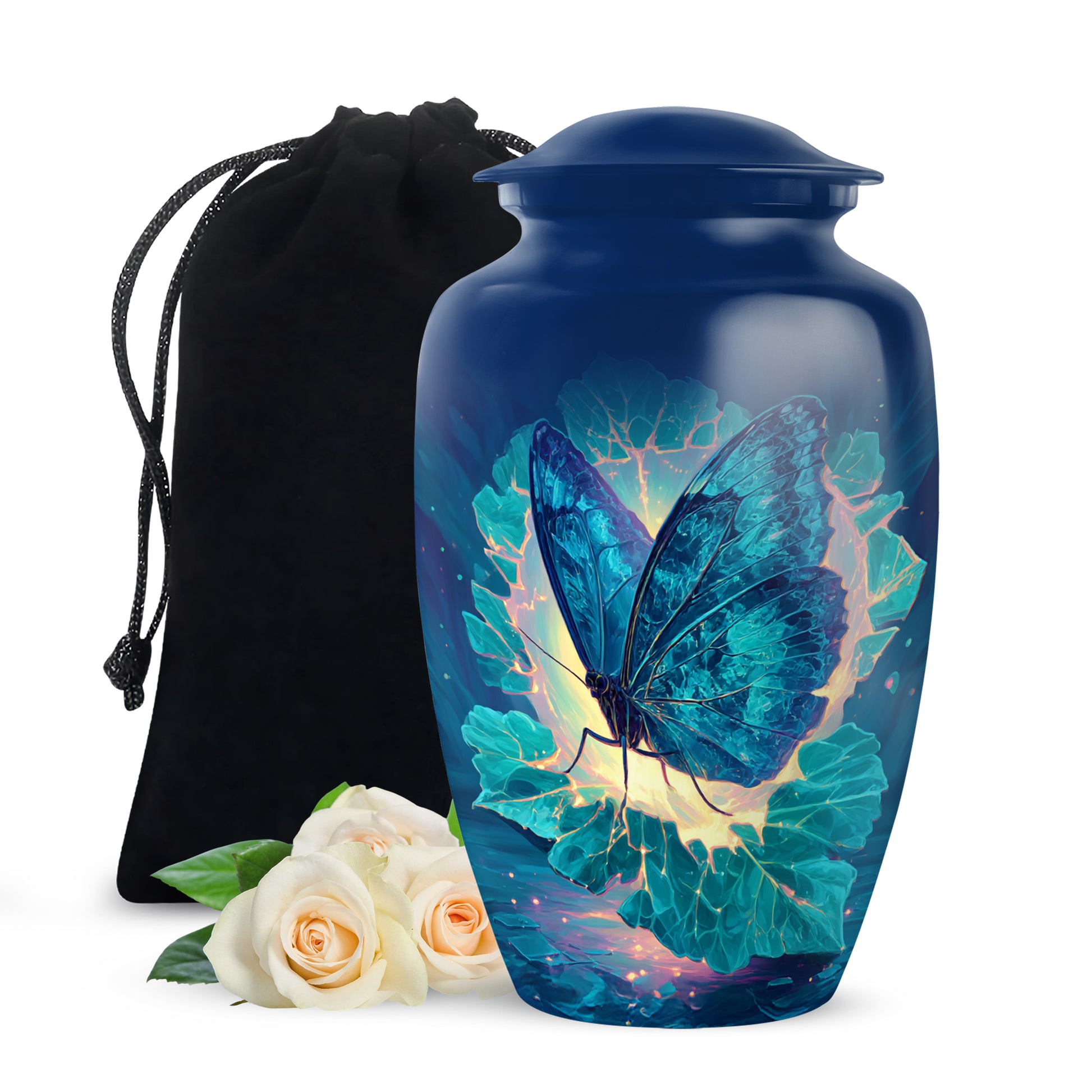 Powder Blue Butterfly Cremation Urn angled view of lid and engraved motif - timeless butterfly motif etched into premium metal - full-size 10 inch 200 cubic inch adult cremation urn