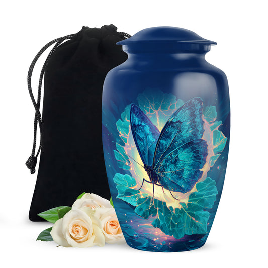 Powder Blue Butterfly Cremation Urn angled view of lid and engraved motif - timeless butterfly motif etched into premium metal - full-size 10 inch 200 cubic inch adult cremation urn