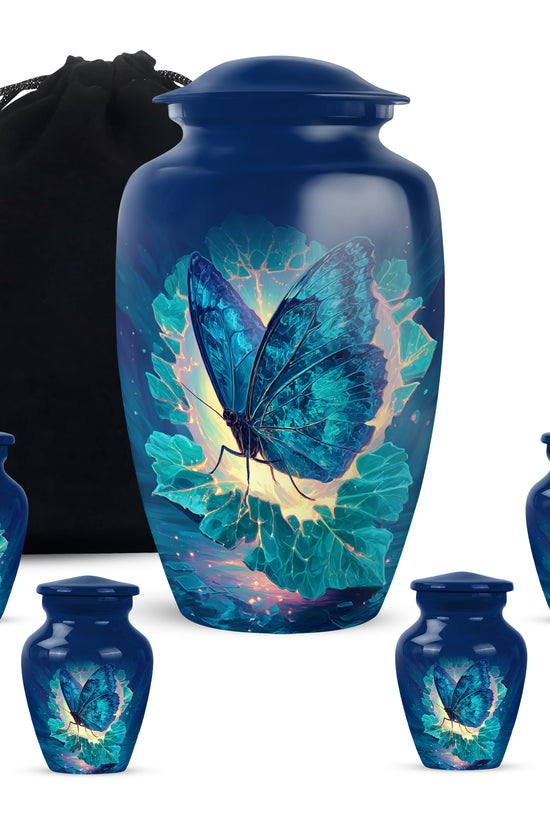 Sapphire Blue Butterfly Cremation Urn top-down view of secure threaded lid - traditional butterfly engraving with hand-polished finish - memorial set with one large and four small urns