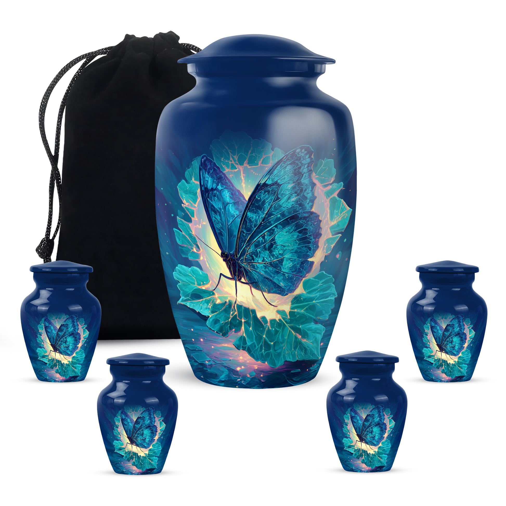 Sapphire Blue Butterfly Cremation Urn top-down view of secure threaded lid - traditional butterfly engraving with hand-polished finish - memorial set with one large and four small urns