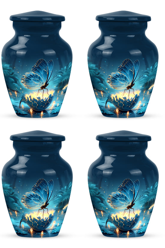 Azure Butterfly Cremation Urn side profile showing urn shape - classic sculpted butterfly pattern on smooth aluminum - 10 inch aluminum urn for cremated remains