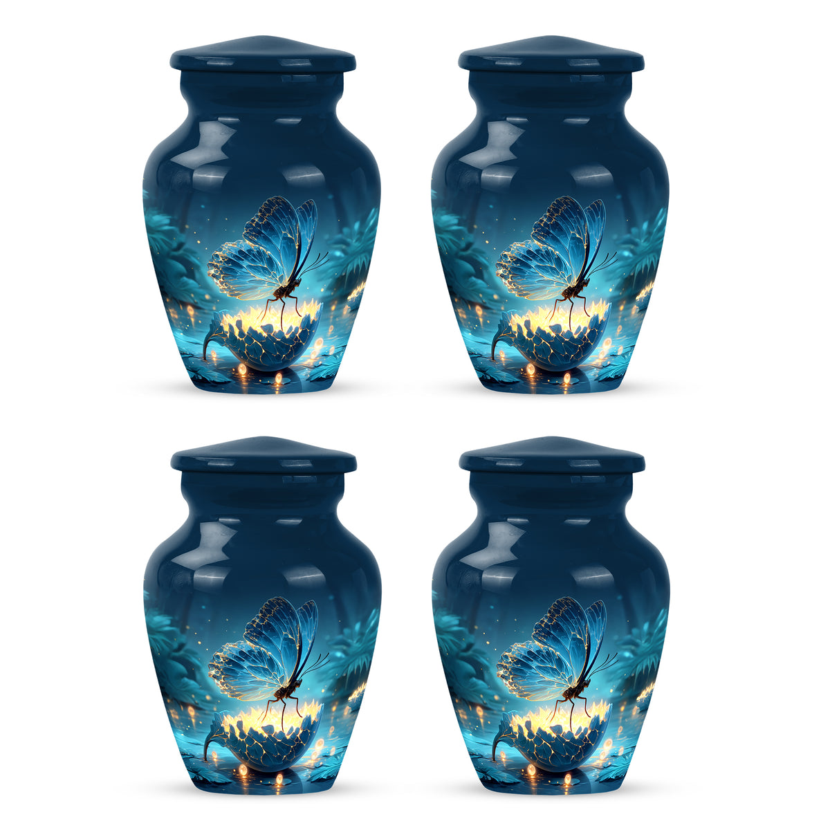 Azure Butterfly Cremation Urn side profile showing urn shape - classic sculpted butterfly pattern on smooth aluminum - 10 inch aluminum urn for cremated remains