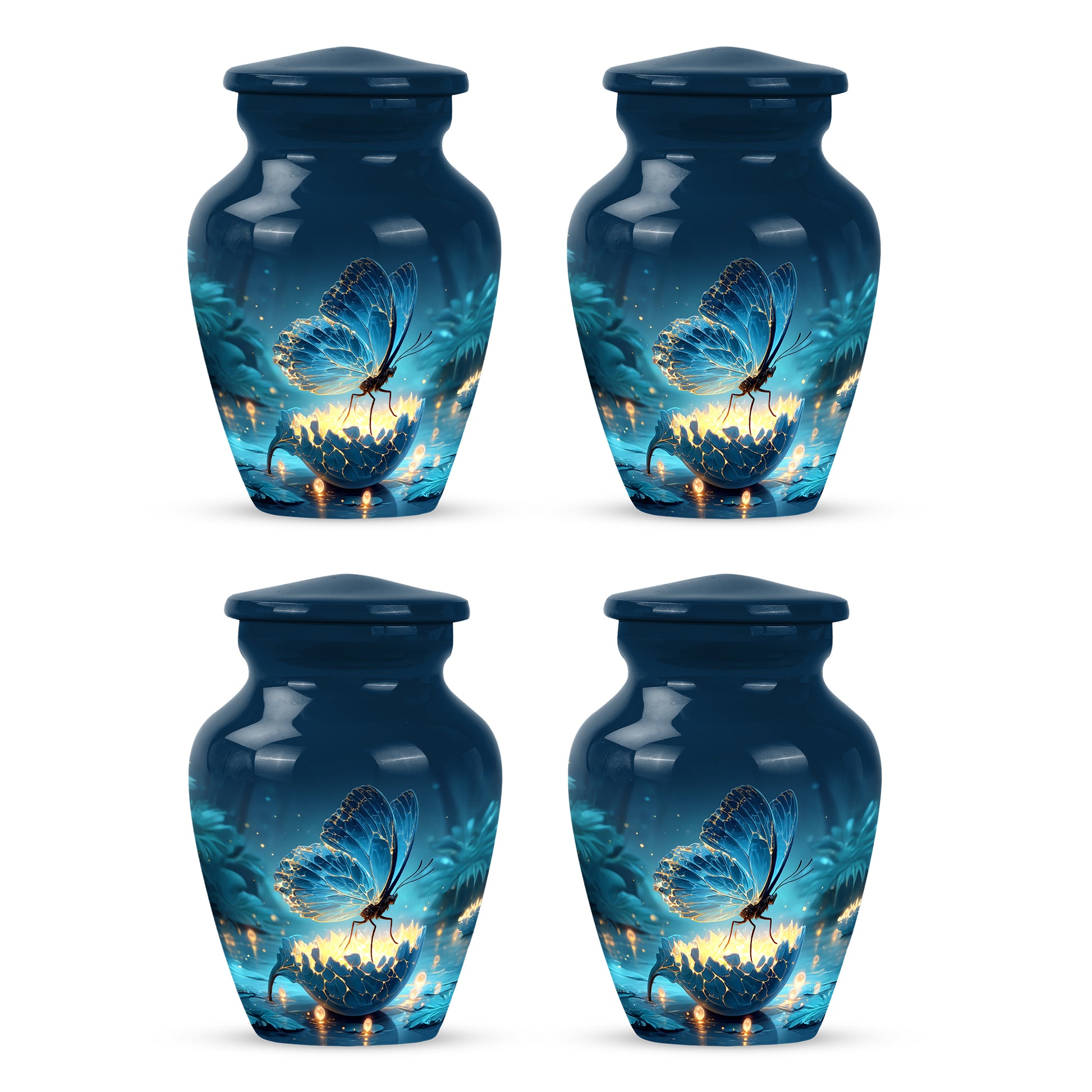 Azure Butterfly Cremation Urn side profile showing urn shape - classic sculpted butterfly pattern on smooth aluminum - 10 inch aluminum urn for cremated remains