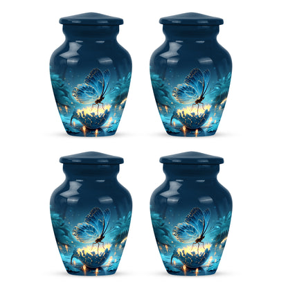 Azure Butterfly Cremation Urn side profile showing urn shape - classic sculpted butterfly pattern on smooth aluminum - 10 inch aluminum urn for cremated remains
