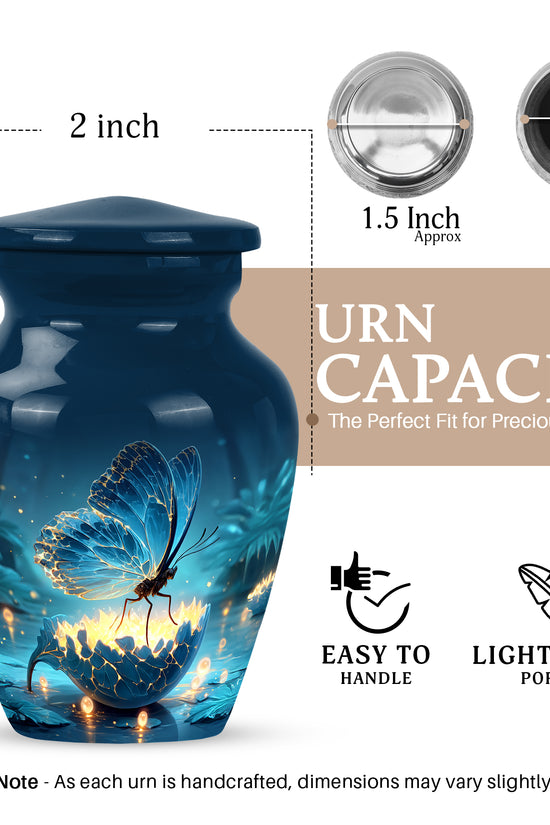 Azure Butterfly Cremation Urn close-up of engraving and surface detail - timeless butterfly motif etched into premium metal - mini keepsake memorial for portion of cremation ashes