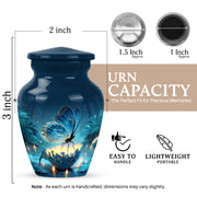Azure Butterfly Cremation Urn close-up of engraving and surface detail - timeless butterfly motif etched into premium metal - mini keepsake memorial for portion of cremation ashes