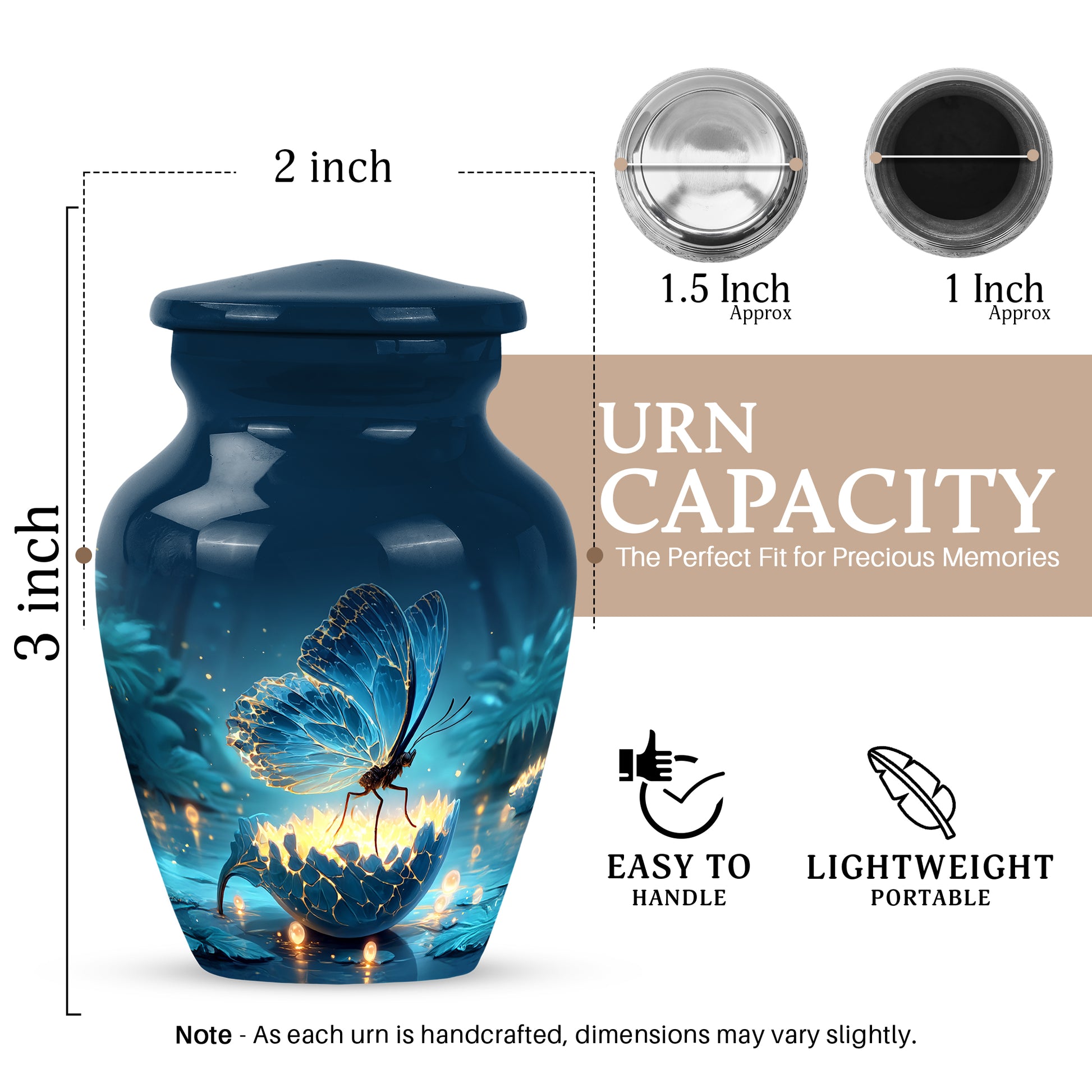 Azure Butterfly Cremation Urn close-up of engraving and surface detail - timeless butterfly motif etched into premium metal - mini keepsake memorial for portion of cremation ashes
