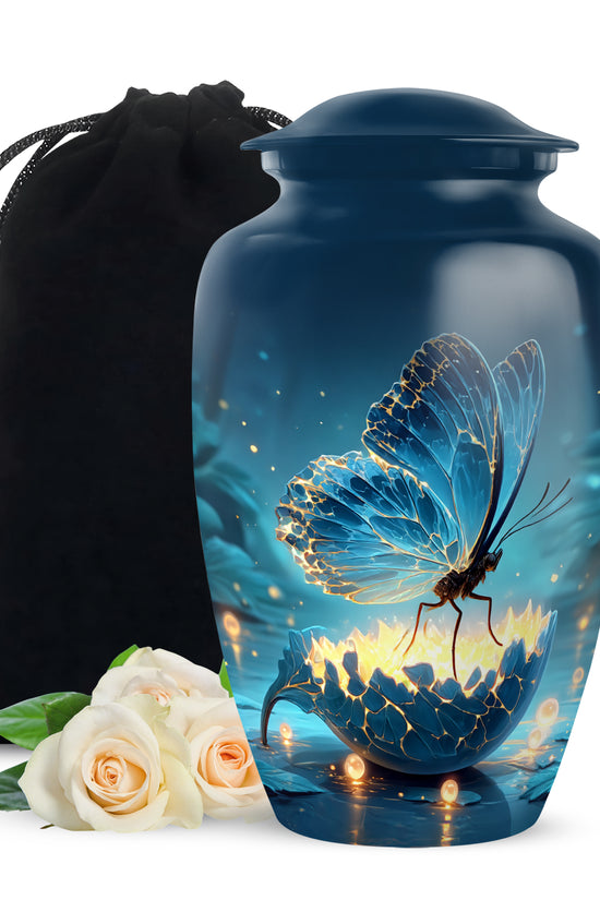 Twilight Blue Butterfly Cremation Urn angled view of lid and engraved motif - elegant classic butterfly relief with fine detailing - full-size 10 inch 200 cubic inch adult cremation urn