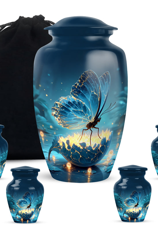 Royal Blue Butterfly Cremation Urn top-down view of secure threaded lid - elegant classic butterfly relief with fine detailing - memorial set with one large and four small urns