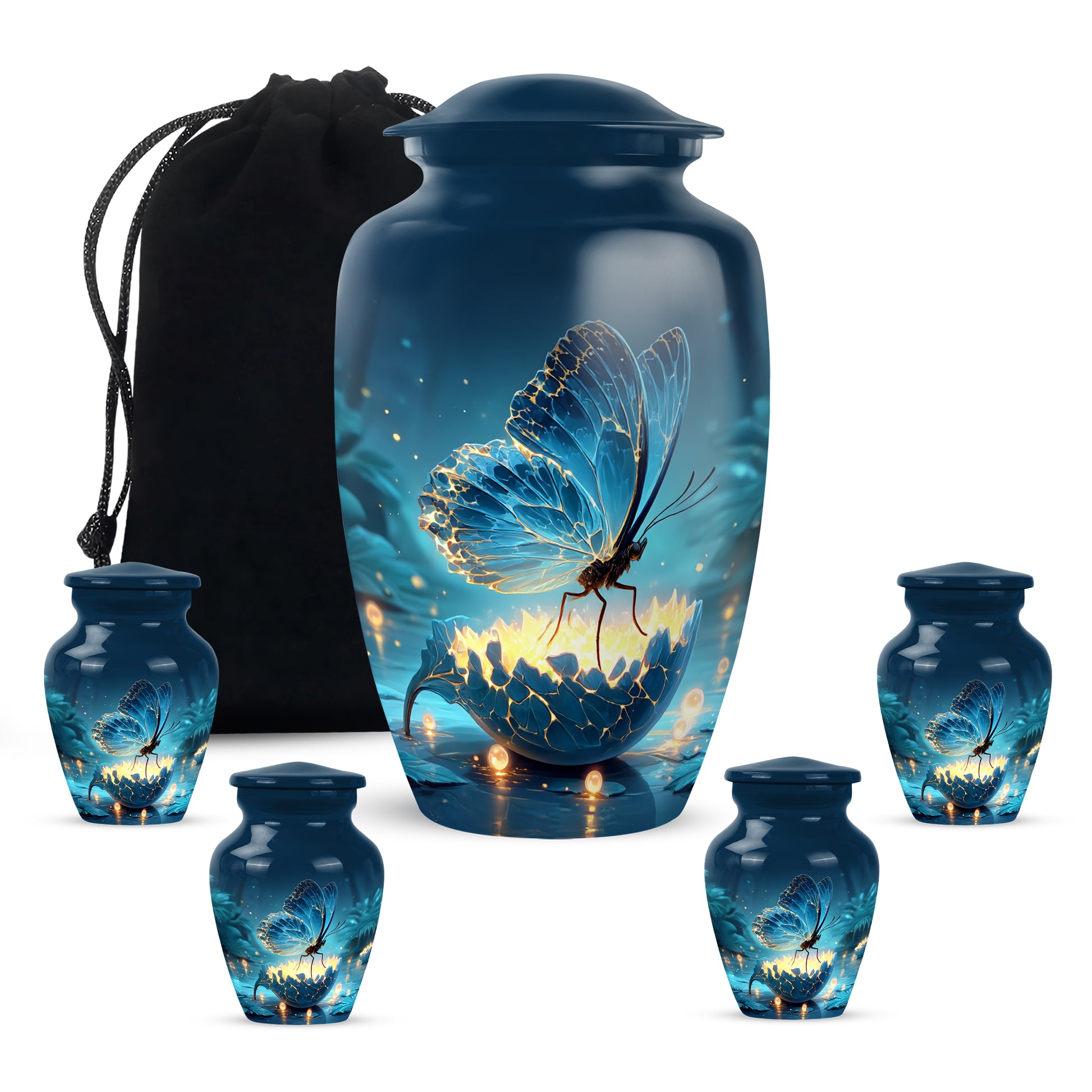 Royal Blue Butterfly Cremation Urn top-down view of secure threaded lid - elegant classic butterfly relief with fine detailing - memorial set with one large and four small urns