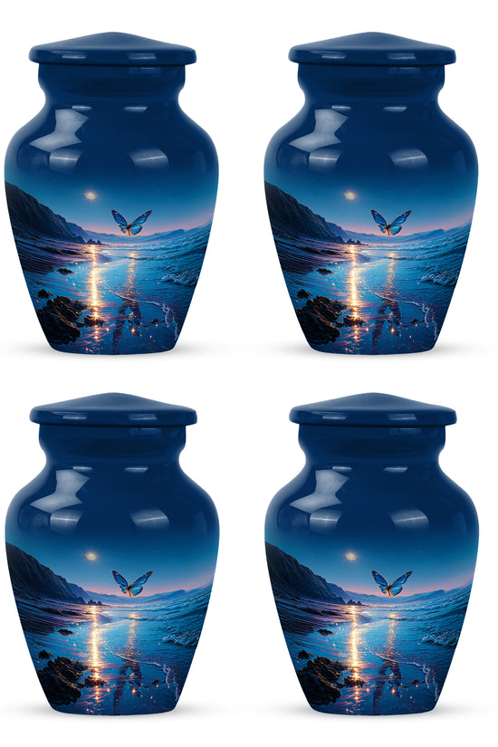 Icy Blue Butterfly Cremation Urn side profile showing urn shape - timeless butterfly motif etched into premium metal - 10 inch aluminum urn for cremated remains