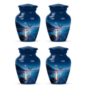 Icy Blue Butterfly Cremation Urn side profile showing urn shape - timeless butterfly motif etched into premium metal - 10 inch aluminum urn for cremated remains