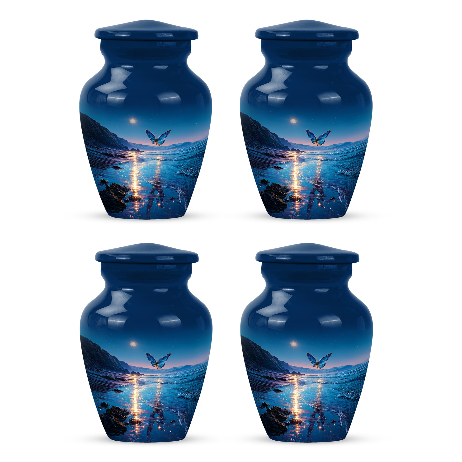 Icy Blue Butterfly Cremation Urn side profile showing urn shape - timeless butterfly motif etched into premium metal - 10 inch aluminum urn for cremated remains