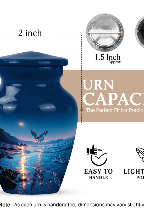 Steel Blue Butterfly Cremation Urn close-up of engraving and surface detail - elegant classic butterfly relief with fine detailing - mini keepsake memorial for portion of cremation ashes