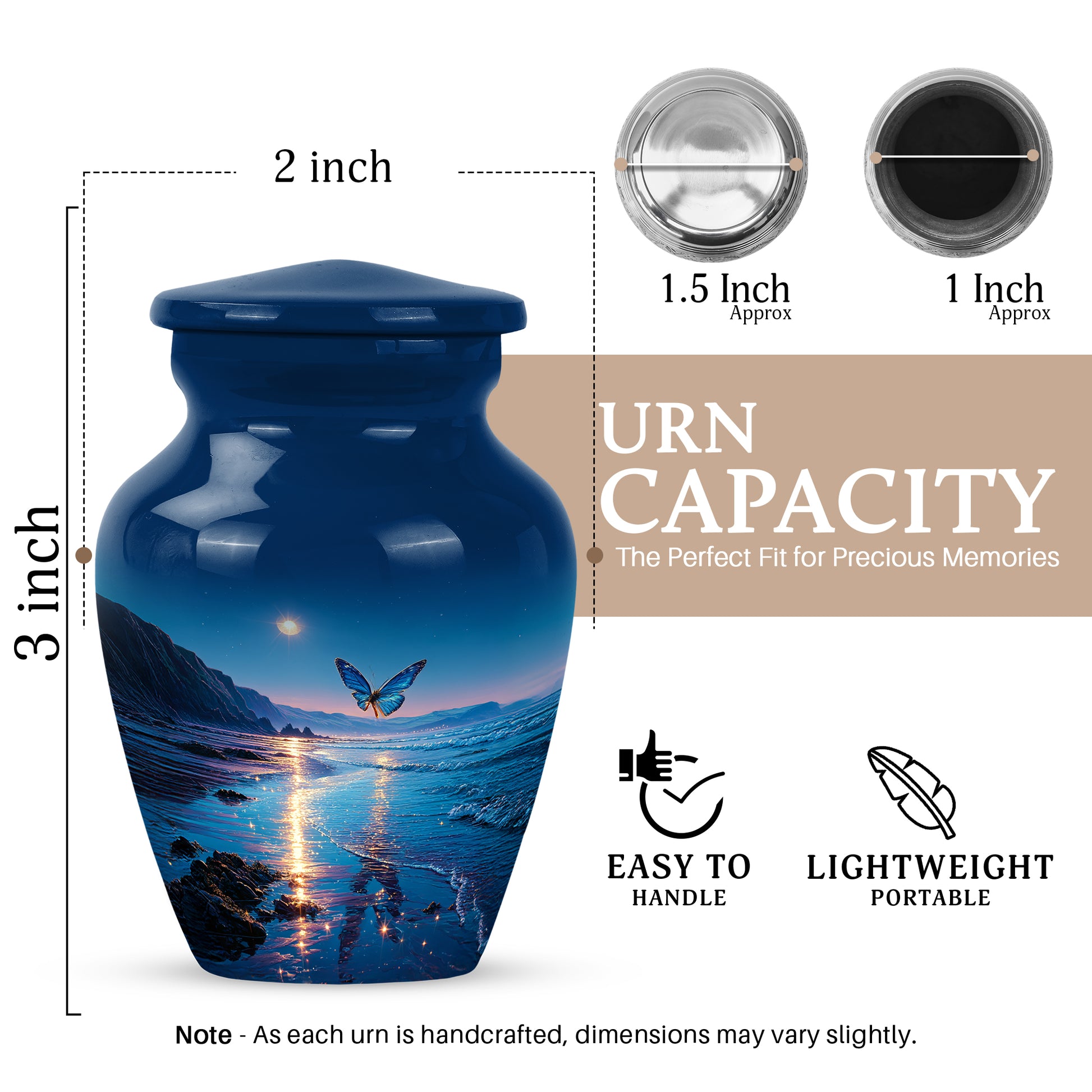 Steel Blue Butterfly Cremation Urn close-up of engraving and surface detail - elegant classic butterfly relief with fine detailing - mini keepsake memorial for portion of cremation ashes