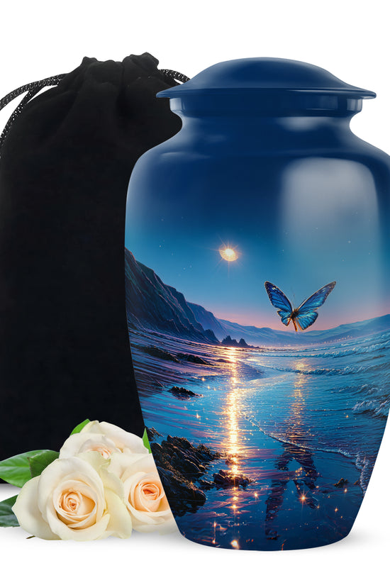 Pastel Blue Butterfly Cremation Urn angled view of lid and engraved motif - timeless butterfly motif etched into premium metal - full-size 10 inch 200 cubic inch adult cremation urn