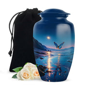 Pastel Blue Butterfly Cremation Urn angled view of lid and engraved motif - timeless butterfly motif etched into premium metal - full-size 10 inch 200 cubic inch adult cremation urn