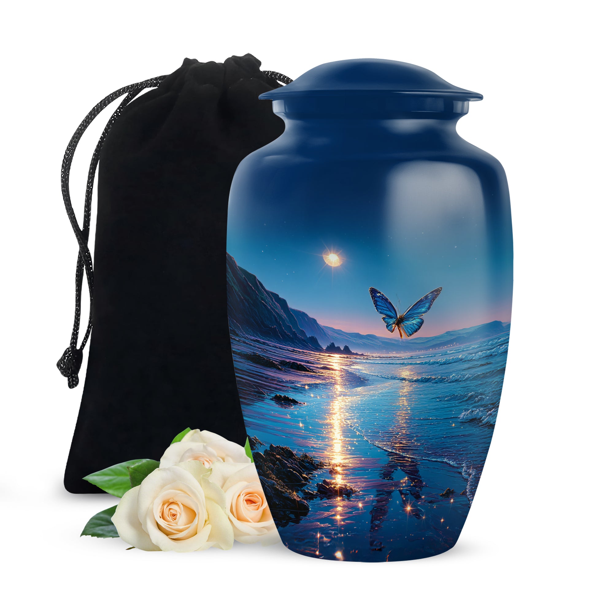 Pastel Blue Butterfly Cremation Urn angled view of lid and engraved motif - timeless butterfly motif etched into premium metal - full-size 10 inch 200 cubic inch adult cremation urn