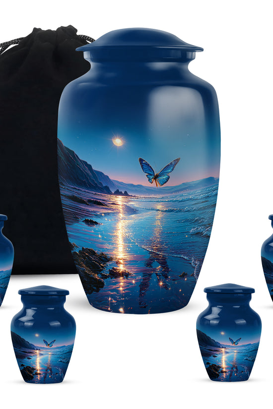 Soft Blue Butterfly Cremation Urn top-down view of secure threaded lid - elegant classic butterfly relief with fine detailing - memorial set with one large and four small urns