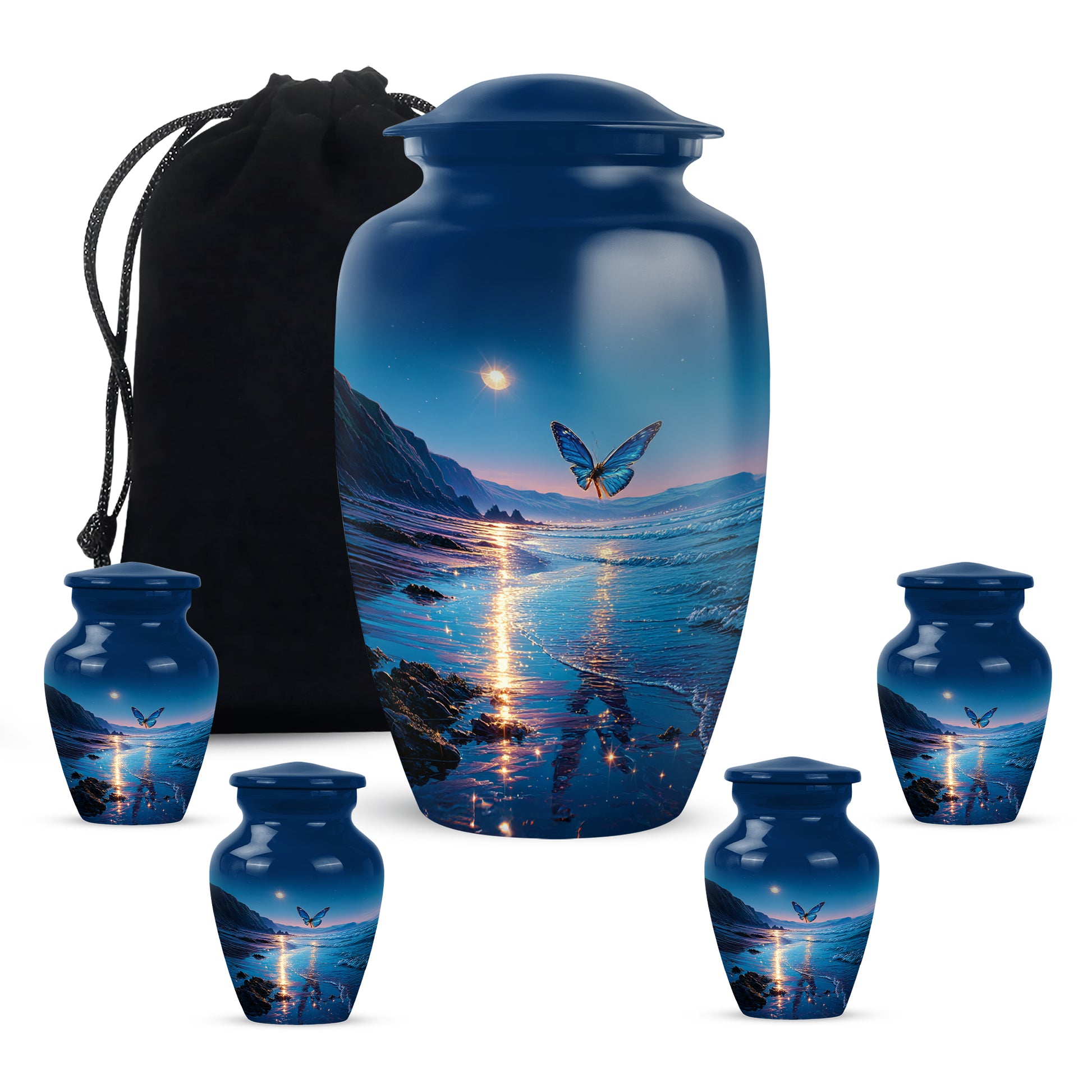 Soft Blue Butterfly Cremation Urn top-down view of secure threaded lid - elegant classic butterfly relief with fine detailing - memorial set with one large and four small urns