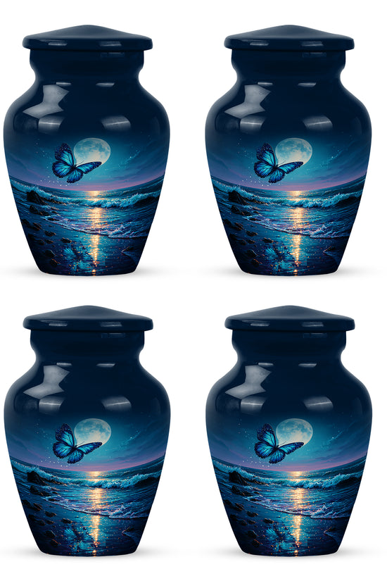 Icy Blue Butterfly Cremation Urn side profile showing urn shape - timeless butterfly motif etched into premium metal - 10 inch aluminum urn for cremated remains