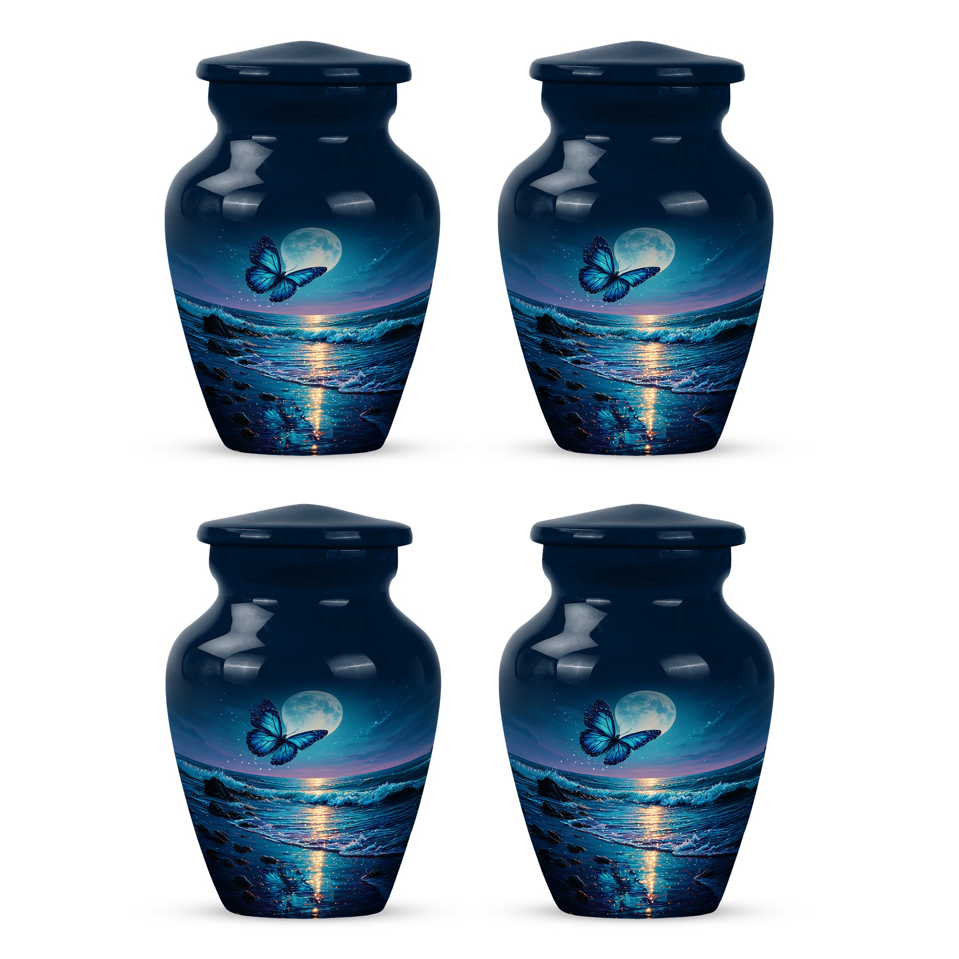 Icy Blue Butterfly Cremation Urn side profile showing urn shape - timeless butterfly motif etched into premium metal - 10 inch aluminum urn for cremated remains